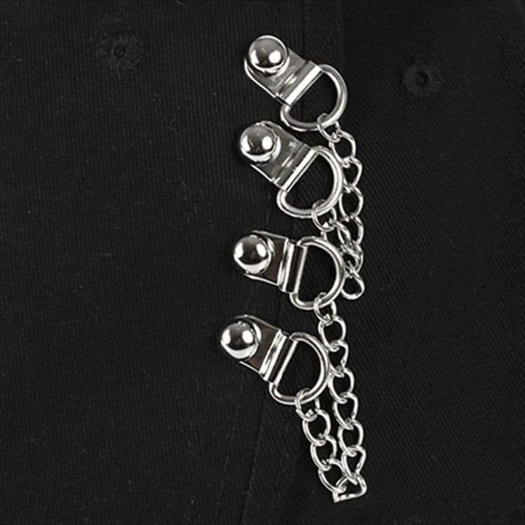 Black baseball cap with silver chain hoop decoration and snap/clasp elements