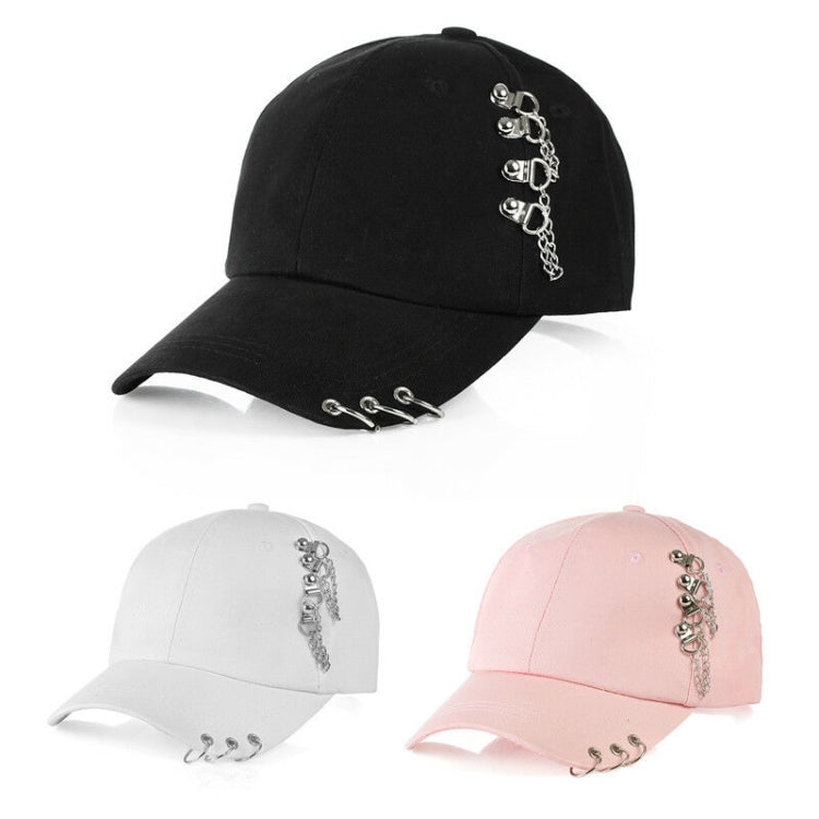 Adjustable baseball caps set in black, white, and pink with chain hoop detail