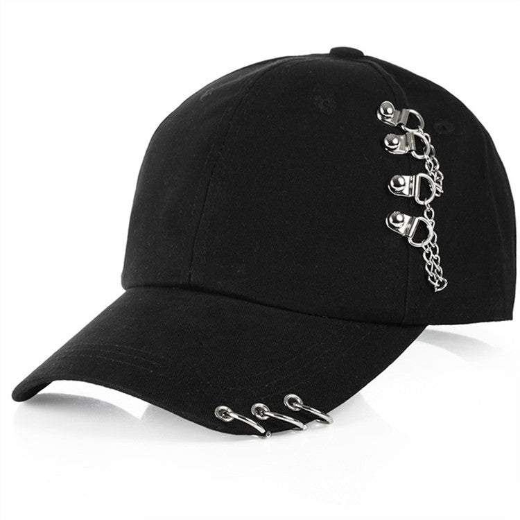 Black adjustable baseball cap with silver chain hoop decoration on the side