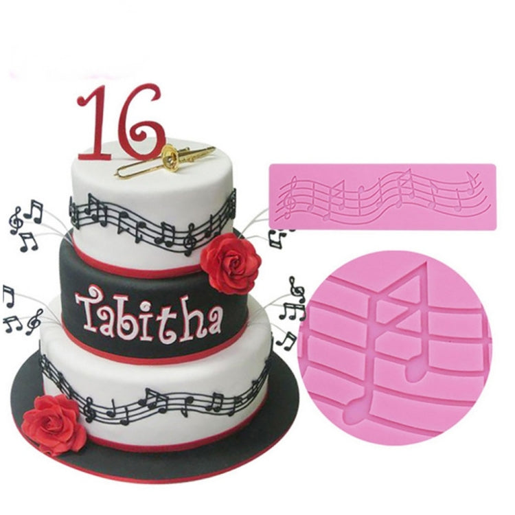Pink silicone music-note fondant mold set; round detail with staff and notes