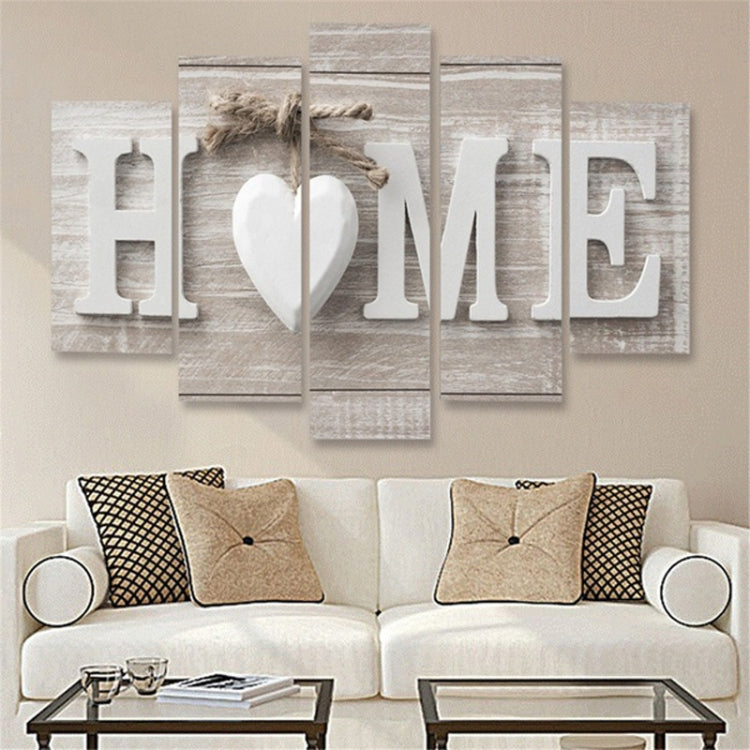 Five-panel HOME canvas wall art with heart, distressed gray-white finish, bottle silhouettes