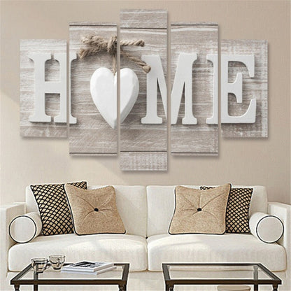 Five-panel HOME canvas wall art with heart, distressed gray-white finish, bottle silhouettes