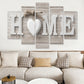 Five-panel HOME canvas wall art featuring a white heart and distressed gray lettering