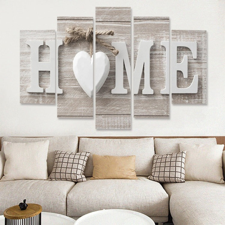 Five-panel HOME canvas wall art featuring a white heart and distressed gray lettering