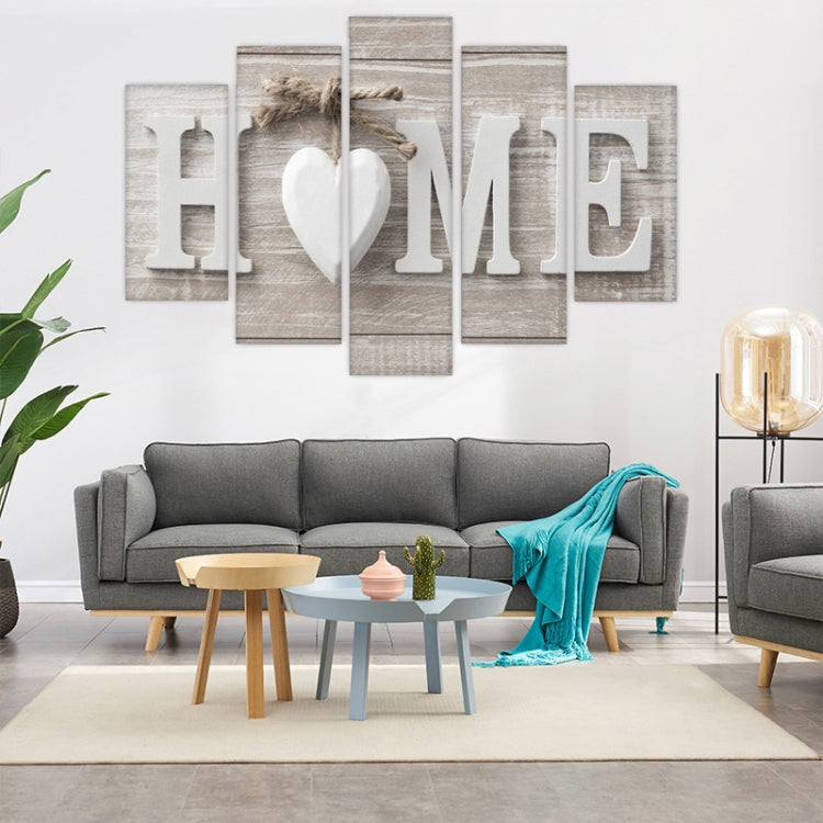 Five-panel HOME canvas wall art with white heart detail and distressed gray script