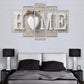 Five-panel HOME canvas wall art set with heart centerpiece and faded gray-white print