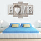 Five-panel HOME canvas wall art with white heart shape and distressed light gray text