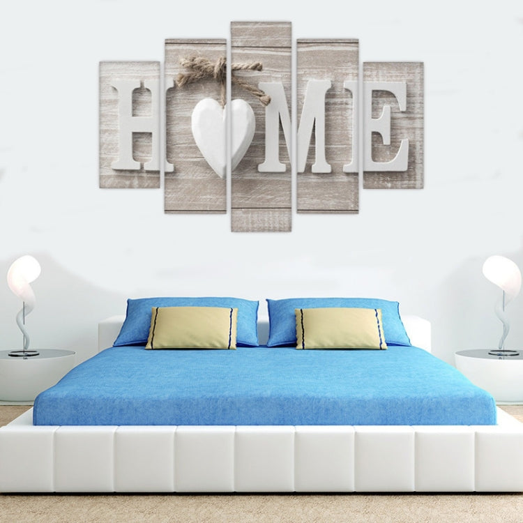 Five-panel HOME canvas wall art with white heart shape and distressed light gray text