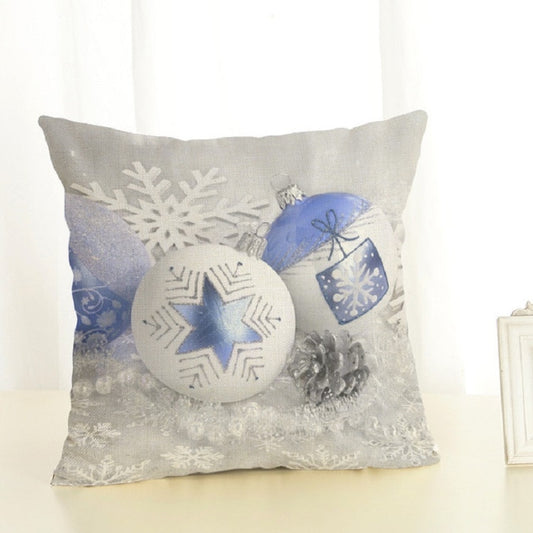Christmas throw pillow cover with gray winter snowflakes and blue gift ornaments