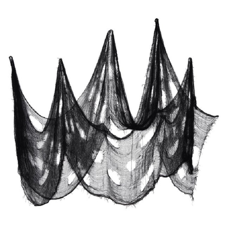 Black gauze curtain panel with layered pointed arch sections and scalloped edges