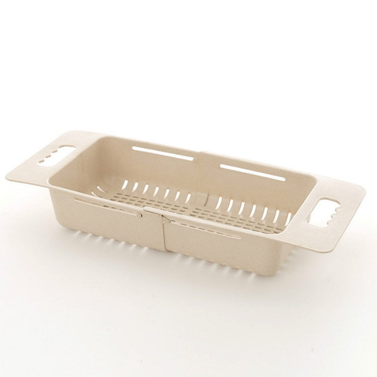 Adjustable dish drain basket, khaki plastic with raised drain ridges