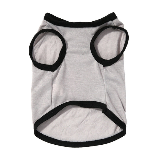 Light gray pet vest with black trim, open armholes, and curved lower hem