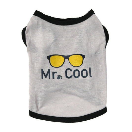 Light gray pet vest with black trim and “Mr. Cool” front graphic with yellow sunglasses