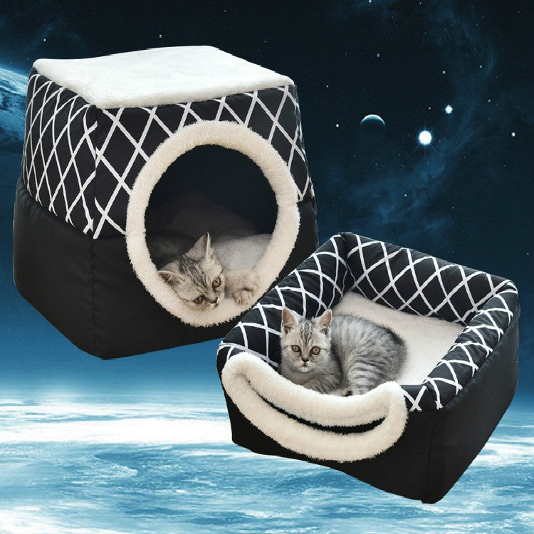 Black closed cat bed with round plush entrance and geometric print; cats resting