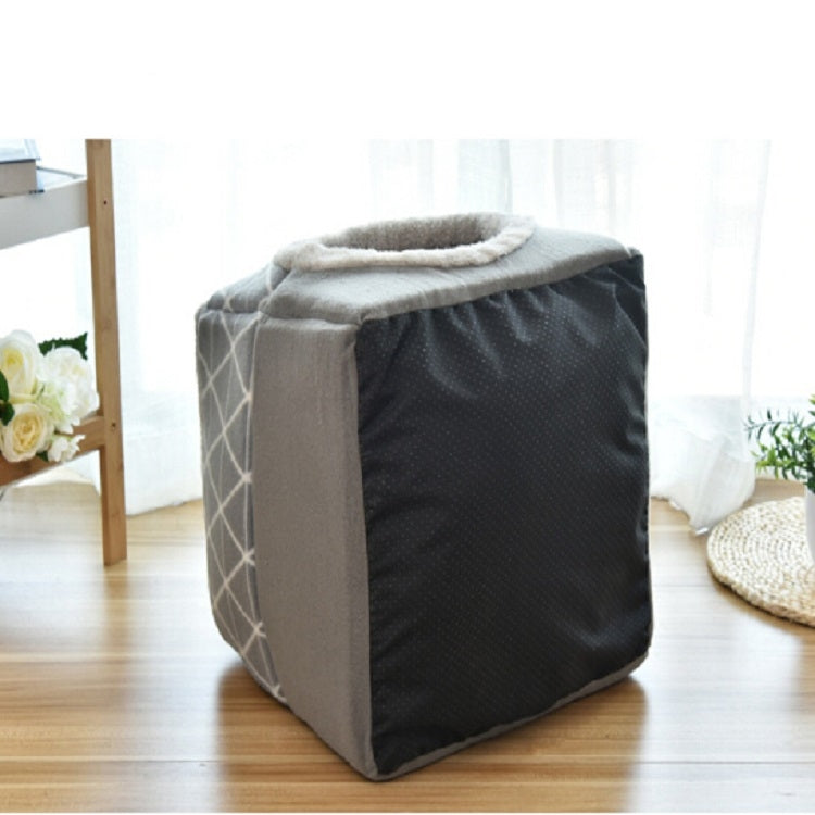 Gray closed cat bed cube with geometric fabric panels and plush top cover
