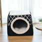 Closed black cat cube bed with white diamond pattern and round plush entry opening