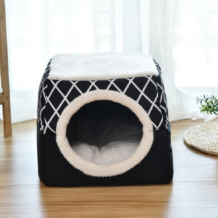 Closed black cat cube bed with white diamond pattern and round plush entry opening