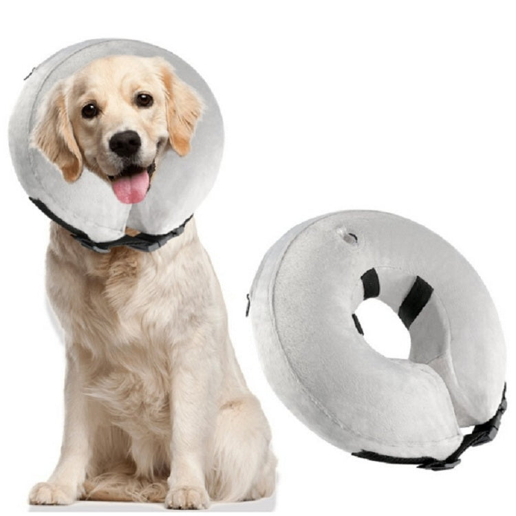 Inflatable pet recovery collar, light gray inflatable doughnut design with black trim