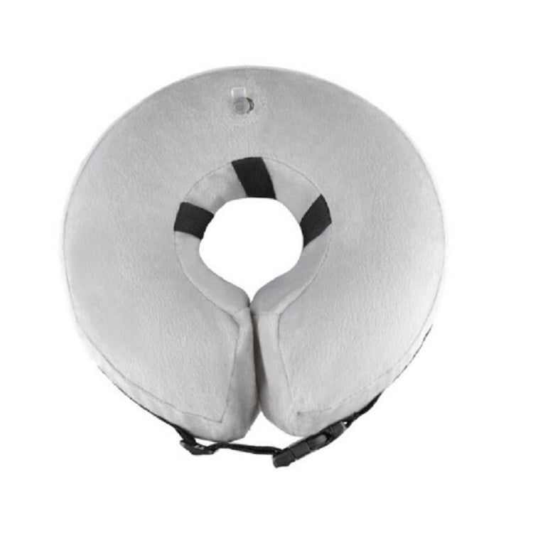 Light gray inflatable pet collar with open neck hole and black strap closures