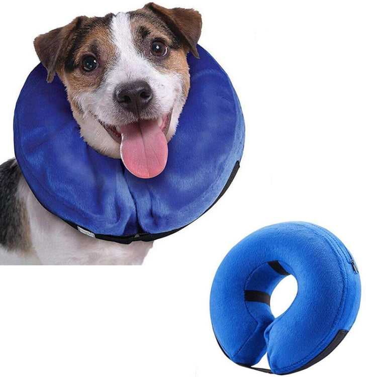 Inflatable pet recovery collar, blue fabric with black edge trim and adjustable straps