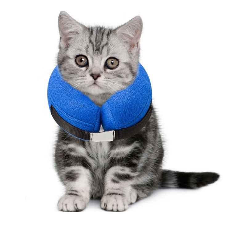 Blue inflatable pet recovery collar with open neck hole and black fastening band
