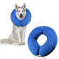 Blue inflatable pet recovery collar, open neck hole and black adjustable straps