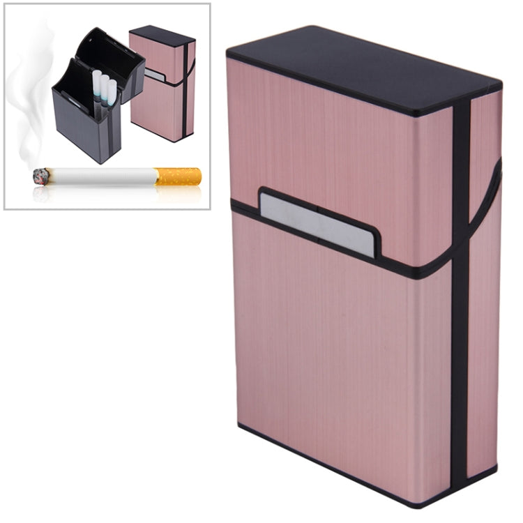 Pink aluminum cigar case with black top and sliding hinge, open interior storage
