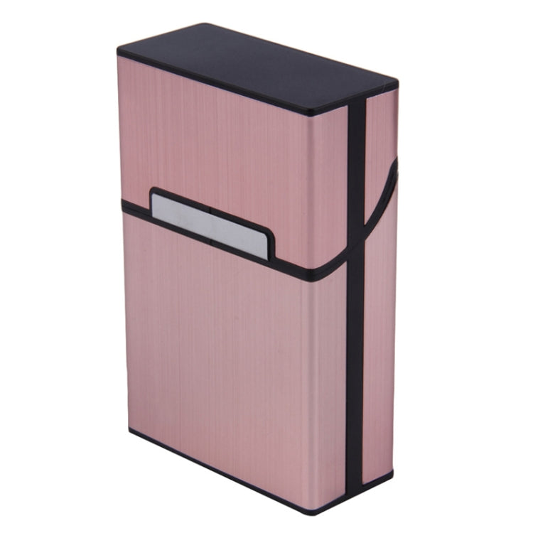 Pink aluminum cigar case with black top, front label window, and side handle