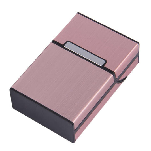 Pink aluminum cigar case with black base and open-lid compartment for storage