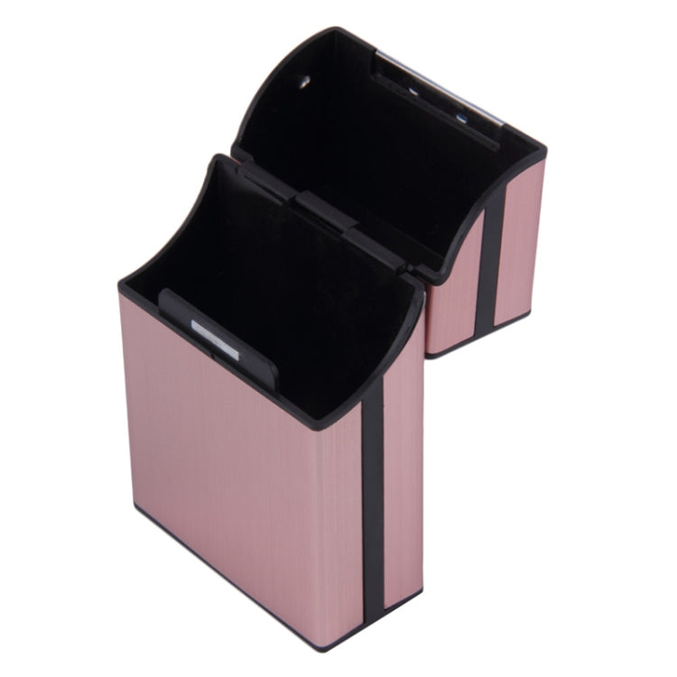 Pink aluminum cigar case with open lid showing black interior slots
