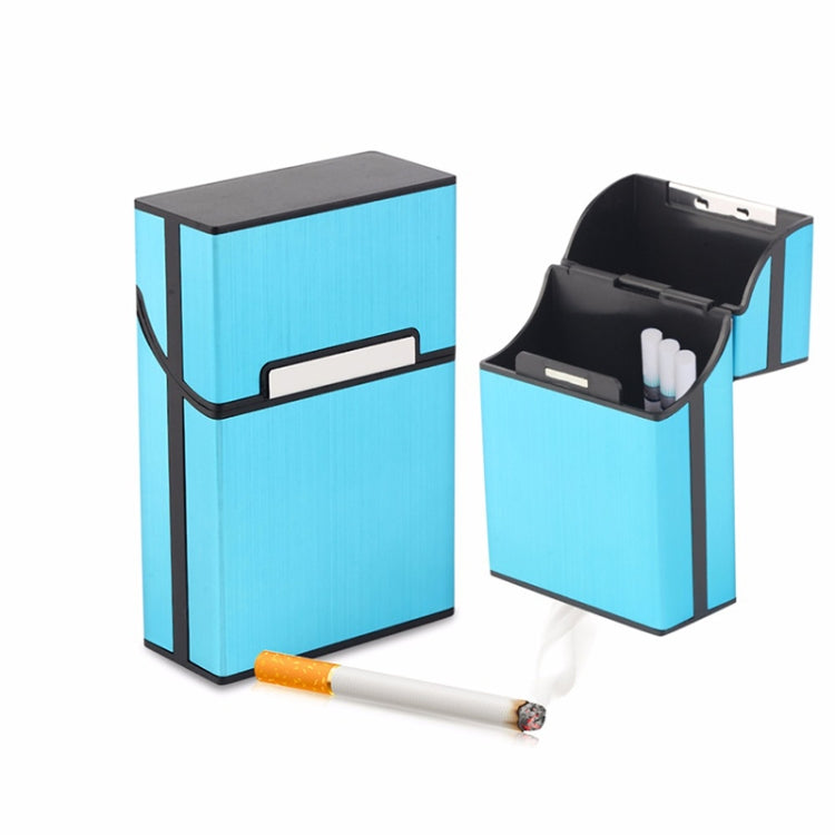 Blue aluminum cigar case with black top and open compartment holding cigars