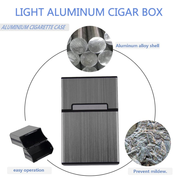 Gray aluminum cigar box product diagram showing front compartment and hinge