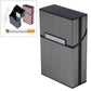 Gray aluminum cigar case with black top and front sliding window, open and closed views