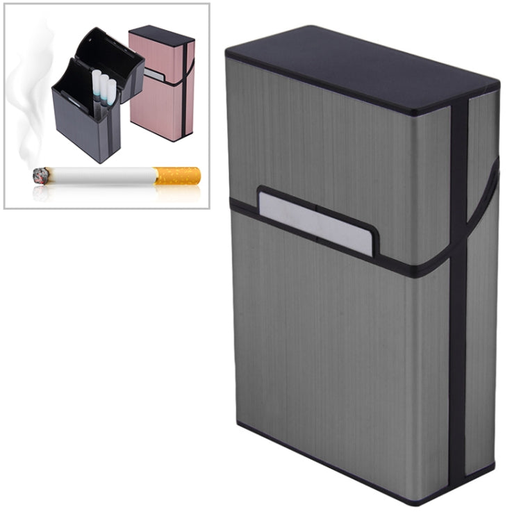 Gray aluminum cigar case with black top and front sliding window, open and closed views