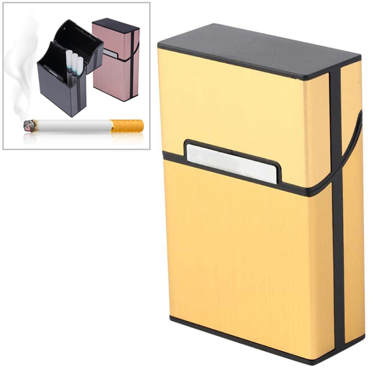 Aluminum cigar and cigarette case, gold with hinged lid and side holder slot