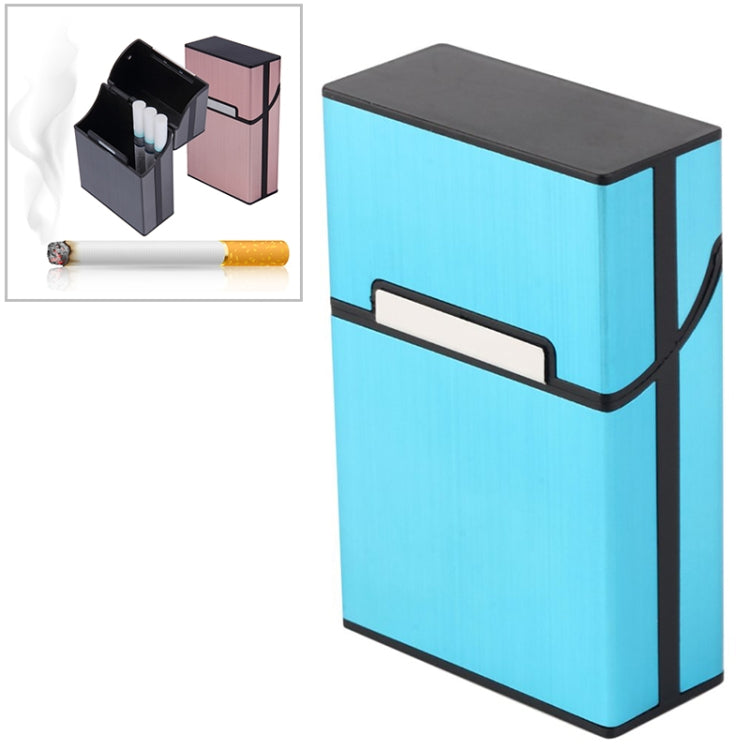 Aluminum cigar and cigarette case, blue with hinged lid and side holder slot