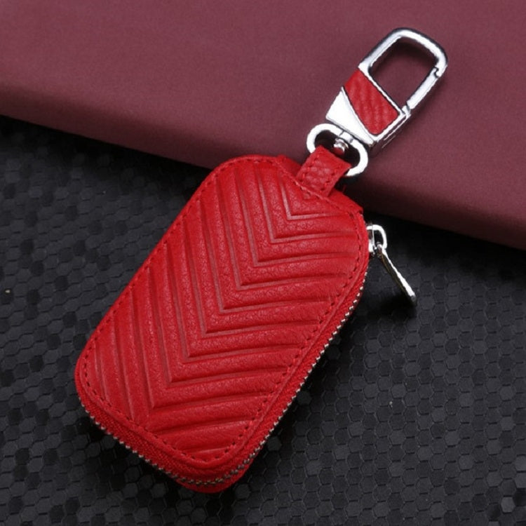 Red leather key pouch with metal clip, embossed zigzag design, zipper, contrast stitching