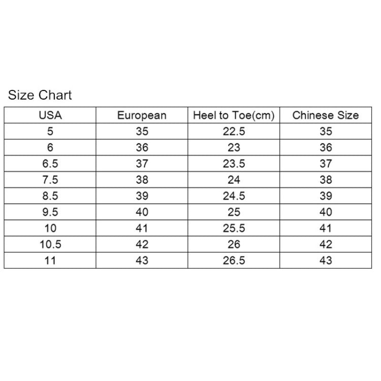 Sneaker size chart table with European size and heel-to-toe measurements