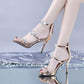 Champagne peep-toe star heeled sandals with ankle strap and high stiletto heel