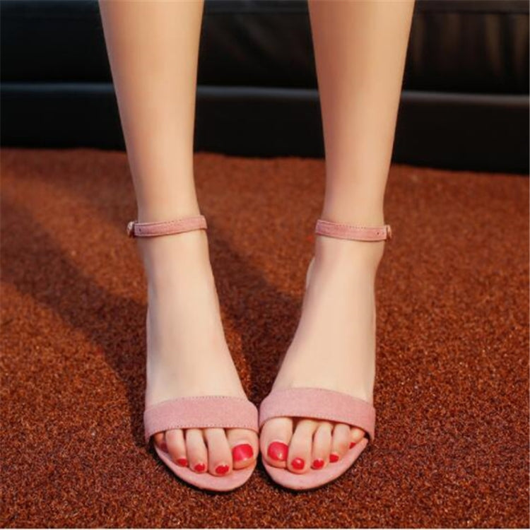 Women’s open-toe sandals with ankle strap, light pink slip-on style, block heel