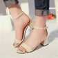 Women’s open-toe ankle strap sandals with block heel, beige with metal toe accents