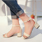 Women’s open-toe sandals in beige with ankle strap buckle and block heel