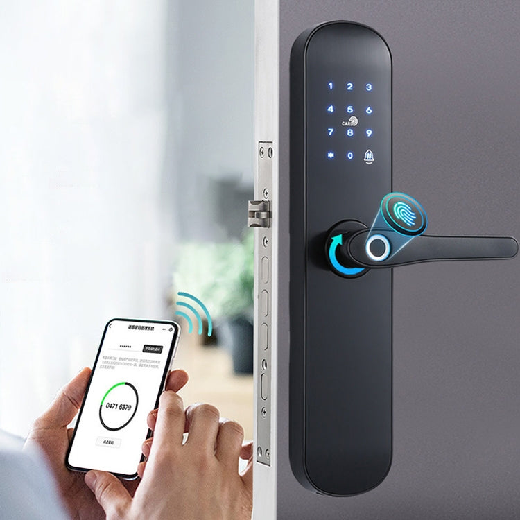 Black smart electronic door lock with keypad, fingerprint sensor ring, and lever handle