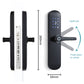 Black smart door lock with keypad and lever handle; side profile with latch plate