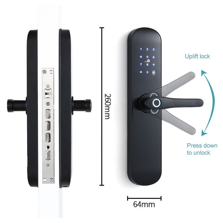 Black smart door lock with keypad and lever handle; side profile with latch plate