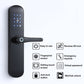 Black smart door lock with keypad and lever handle, fingerprint sensor, and touch controls
