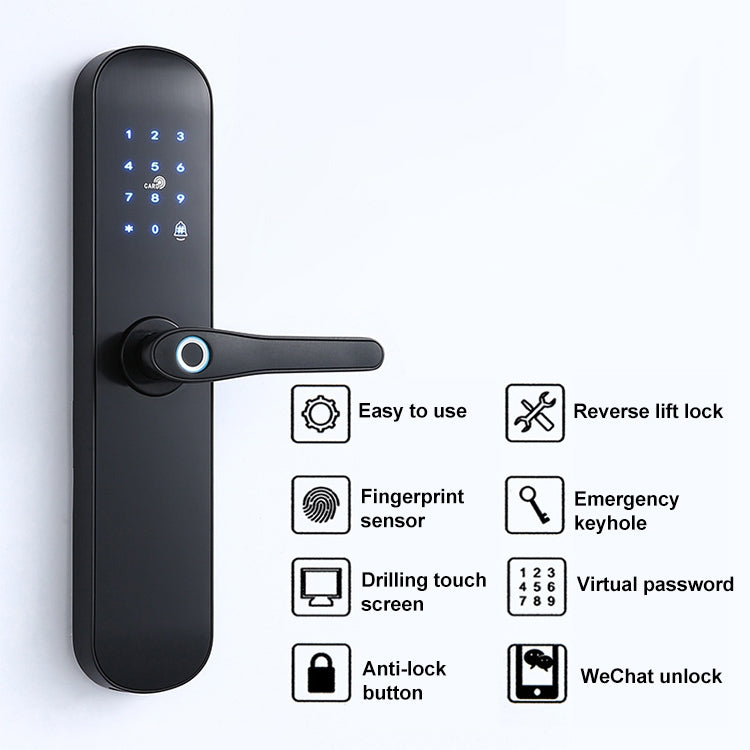 Black smart door lock with keypad and lever handle, fingerprint sensor, and touch controls