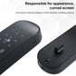 Black smart door lock with curved keypad screen and lever handle, close-up