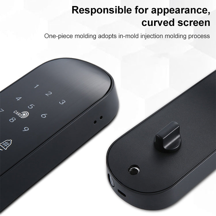 Black smart door lock with curved keypad screen and lever handle, close-up