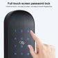 Black smart keypad door lock with full-touch numeric screen and finger pressing digits